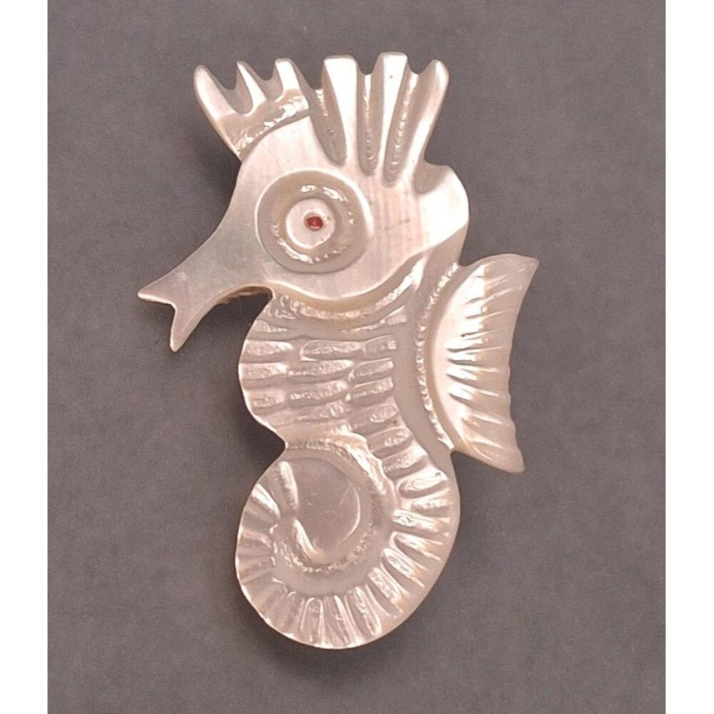 Carved Mother of Pearl Seahorse Brooch Vintage Pin